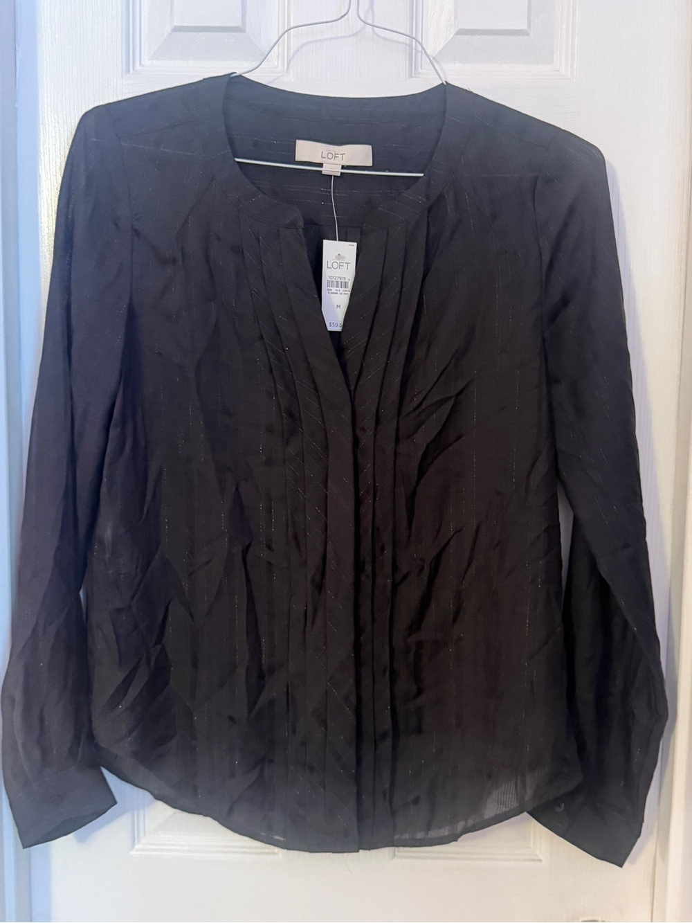LOFT Black Pintuck-Front Long Sleeve Blouse